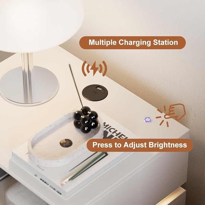 homary Modern Smart Nightstand with Wireless Charging Station, Bedside Table with 3 Drawers, White Night Stand with LED Light