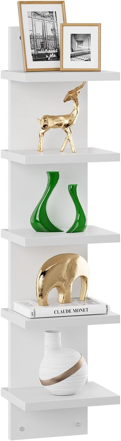 IBUYKE 5 Tier Wall Shelf Unit,White Vertical Shelf,Floating Storage Wall Shelf,Organizer Tall Tower Design Decorative Wall Mount Shelving for Home, Bedroom,Living Room,Office Decor WBC009W