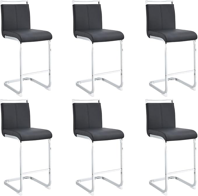 Bar Stools Set of 6,25" Counter Height Bar Stools with Footrest,Black Faux Leather Kitchen Stool with Chrome Plated Metal Leg,Counter Height Stool Ideal for Island Pub Kitchen Counter Dining Chair