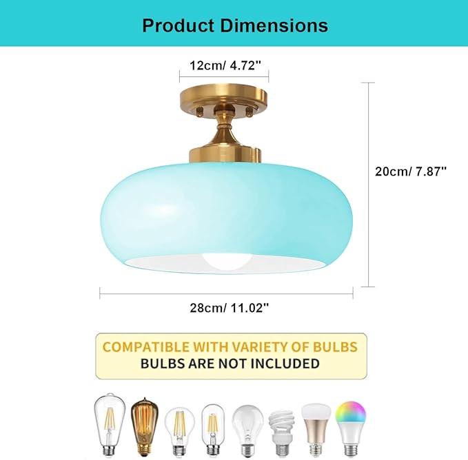 Mid Century Modern Flush Mount Ceiling Light Vinatage 11.02" Blue Glass Shade Brass Finish Ceiling Light Fixture Closet Overhead Light for Bathroom Kitchen Passway