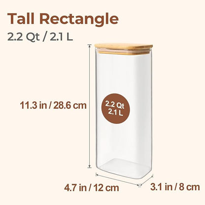 ComSaf 2.2 Qt Rectangle Glass Storage Containers with Lids, Glass Jars with Bamboo Lids, Clear Food Storage Jar, Tall Spaghetti Container, Pantry Storage Container for Pasta Flour Oats Nuts Rice