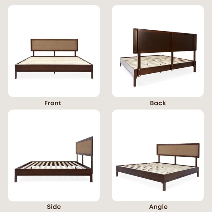 Bme Nipe King 14 Inch Bohemian Bed Frame with Adjustable Wicker Headboard - Rustic & Vintage Unique Style with Acacia Wood - No Box Spring Needed - Easy Assembly - Walnut