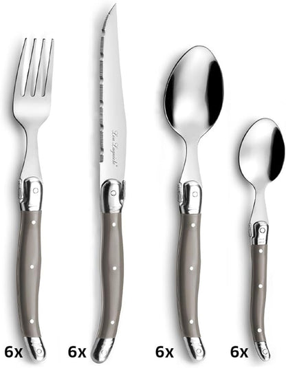 Amefa Lou Laguiole Tradition 24-Piece Vintage Taupe Stainless Steel Polypropylene Silverware Flatware Utensils Set - Silverware Set - Stainless Steel Flatware