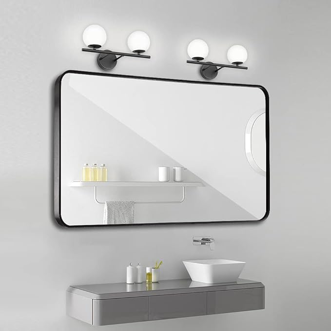 New Bathroom 2 Vanity Light Fixtures Brushed Black Milk White Globe Glass Shade Modern Wall Bar Sconce Over Mirror