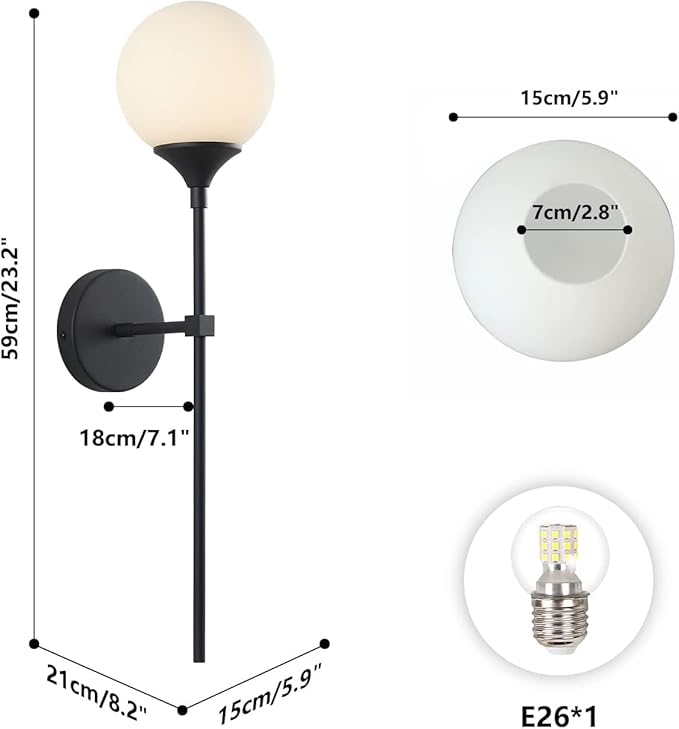 KCO Lighting Mid Century Modern Bathroom Wall Light Minimalist Black Slim Wall Sconces Milk Glass Globe Wall Sconce Industrial Wall Mounted Lamp Long Wall sconces Indoor