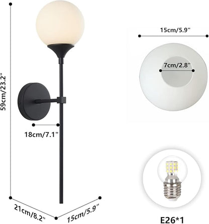 KCO Lighting Mid Century Modern Bathroom Wall Light Minimalist Black Slim Wall Sconces Milk Glass Globe Wall Sconce Industrial Wall Mounted Lamp Long Wall sconces Indoor