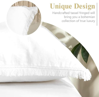 Simple&Opulence 100% Linen Euro Sham Pillow Covers Belgian Flax-Set of 2, Decorative Pillow Cover with Tassels, Boho Shabby Chic Style for Couch/Bed, White, 26" x 26"