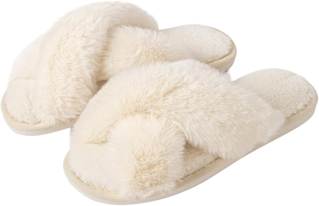 Women's Slipper Memory Foam Cross Band Fuzzy Slippers Open Toe Cozy House Slippers Cozy Plush Bedroom Indoor Outdoor