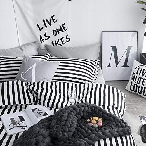 CLOTHKNOW Striped Queen Comforter Set Black and White Bedding Comforter Sets All Season Farmhouse Comforter Queen with 2 x Pillow Cases