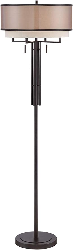 Franklin Iron Works Alamo Industrial Rustic Farmhouse Standing Floor Lamp 62" Tall Bronze Sheer Brown Organza Linen Fabric Double Drum Shades for Living Room Reading Bedroom Office House Home Decor