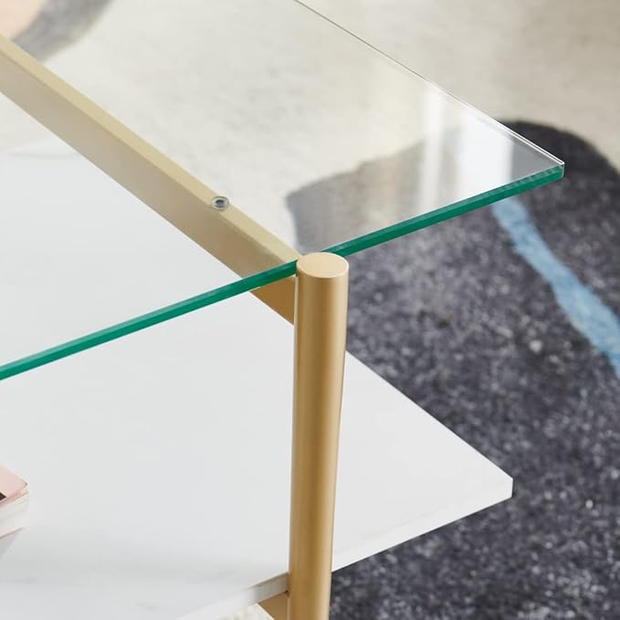 AGV LIGHTING Tadio Glass Coffee Table, Mid-Century Modern Coffee Table for Living Room, Gold Finish Leg, Clear Glass Top & Faux Marble Shelf, 41 in