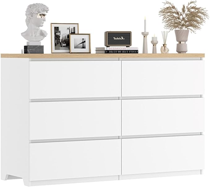 Dresser for Bedroom,Modern Large Wood Dresser,6 Chest of Drawers,Living Room,Hallway,Entryway,TV Stand Drawer Organizer(White&Natural)