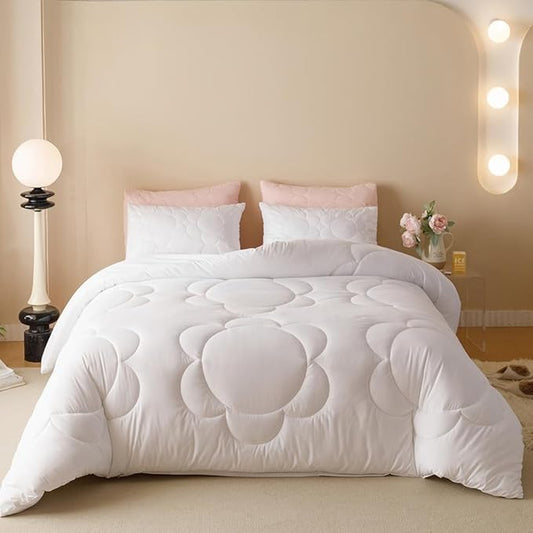 CLOTHKNOW White Full Size Comforter Sets Daisy Puff Pattern Bedding Comforter Sets Soft Floral Boho Comforter White Comforter with 2 x Pillow Cases