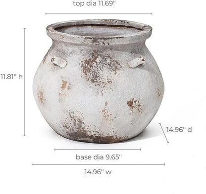 LuxenHome 14.96'' Dia Round Large Plant Pots, Off White Indoor Outdoor Planters with Drainage Holes, Rustic Distressed Flower Pot for Plants, Handmade Concrete Planter Pot for Home Patio Garden