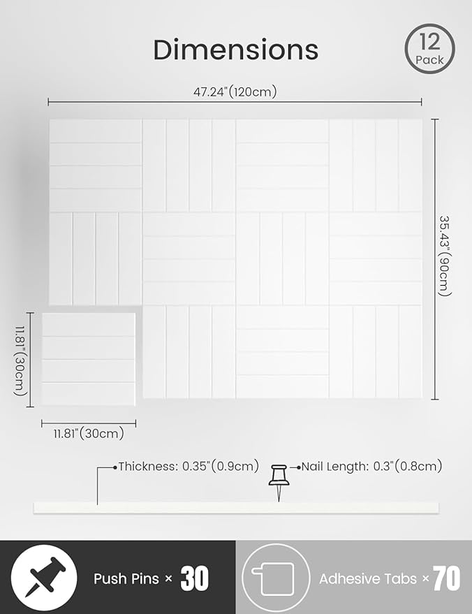 Bumusty Large Cork Board Alternative-47 x35 Felt Bulletin Board Tiles, with 30 Pushpins, 70 Adhesive Tabs, 12-Pack Slat Wall Paneling, Cork Boards for Office Push Pin Board Felt Board-Milky White