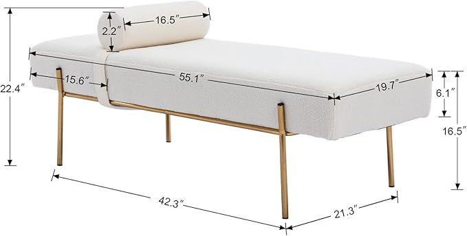 Modern End of Bed Bench, Upholstered Entryway Bench with Detachable Pillow for Living Room, Faux Fur Ottoman Bench with Gold Metal Legs, Comfy Cushion Bedroom Decoration Benches (White)