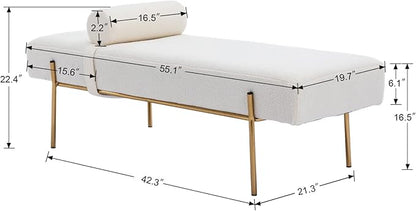 Modern End of Bed Bench, Upholstered Entryway Bench with Detachable Pillow for Living Room, Faux Fur Ottoman Bench with Gold Metal Legs, Comfy Cushion Bedroom Decoration Benches (White)