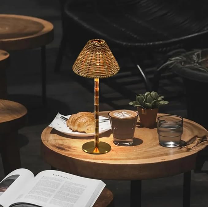 Athena-R Organic Bamboo & Rattan Cordless Table Lamps with 3-Way Brightness & Rechargeable Battery | 2-Piece Set for Bedroom, Living Room, Office & Outdoor LED Lighting