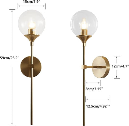 KCO Lighting Vanity Clear Bubble Glass Wall Lights Modern Globe Round Sconces Wall Lighting Brushed Brass Long Wall Sconce Mid Century Bar Bathroom Wall Lamp (Clear)