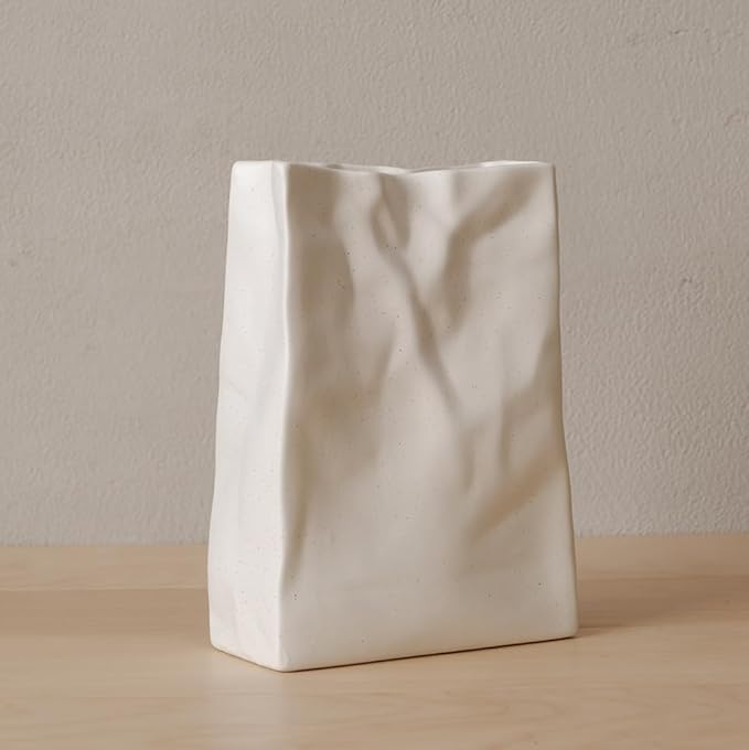 WENSHUO Crinkle Paper Bag Shape Ceramic Flower Vase, Large Capacity for Flower Arrangement, Bookshelf Decorative (Nacre White)