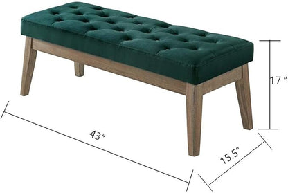 24KF Velvet Upholstered Buttons Tufted Entryway Bench with Solid Wood Leg,Bed Bench Ottoman with Padded Seat,5034-Jade