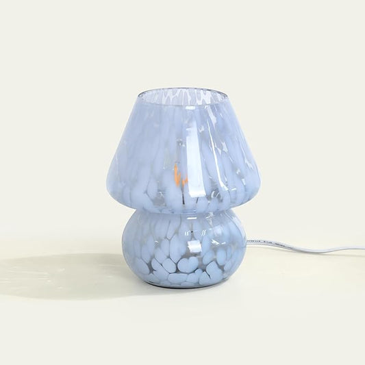 ONEWISH Mushroom Lamp Small Table Lamp-Nightstand Nightlight Dimmable Stepless, Translucent Glass Desk Lamp for Bedroom Dorm Living Kitchen, Murano Style Aesthetic Cute Home Decor(Blue)
