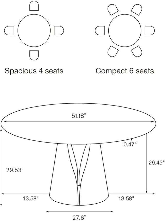 POVISON 51" Round Dining Table for 4, Modern Dining Table Round, Matte Black Sintered Stone Tabletop with Solid Black Carbon Steel Pedestal (Dining Rooom Table Only)