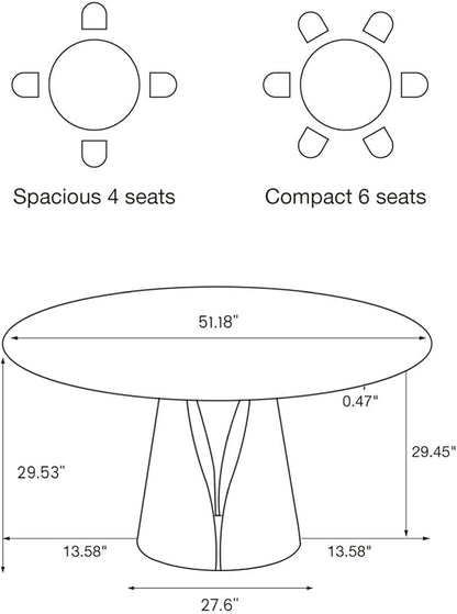 POVISON Round Dining Table for 4, Modern Glossy White Dining Table 51", Sintered Stone Dining Tabletop with Bronze Carbon Steel Pedestal (Dining Room Table Only)