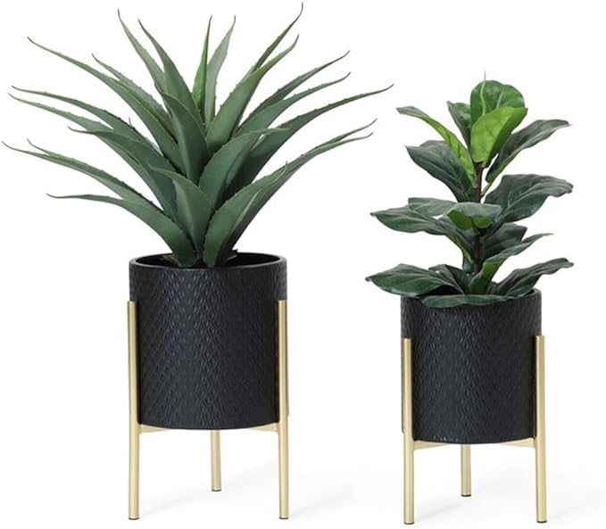 LuxenHome 2-Piece Diamond Pattern Round Metal Cachepot Planter Set, Black Planter with Gold Stands Set of 2 Indoor Plant Pots Large Floor Plant Pot for Plants, NOT Waterproof