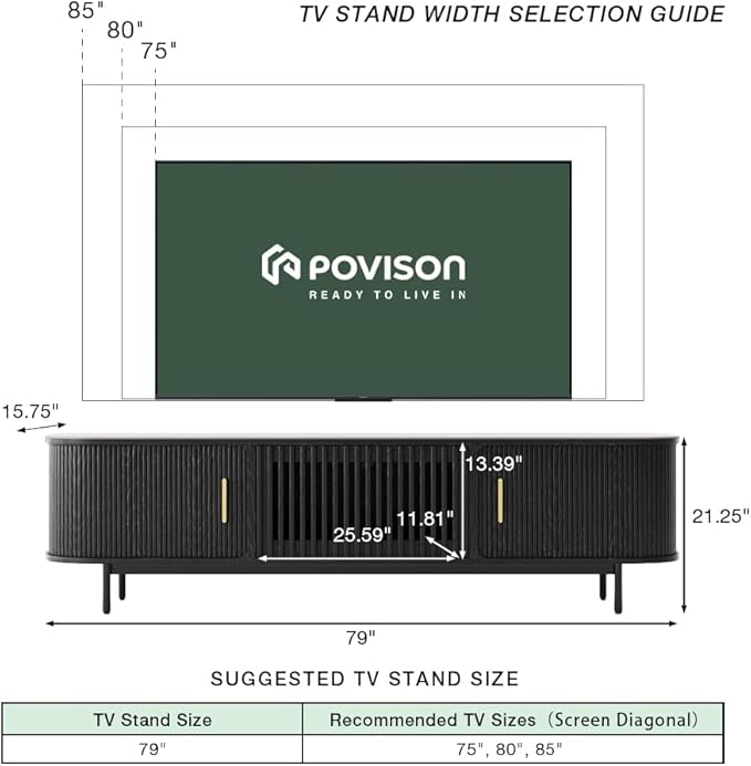 POVISON Sliding Tambour Door TV Stand, Mid Century Modern Sintered Stone TV Console, Wood Media Console for 75 Inch TV, Entertainment Center with Storage Cabinet, Fully-Assembled (Black, 78.74")