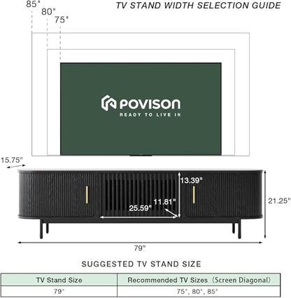 POVISON Sliding Tambour Door TV Stand, Mid Century Modern Sintered Stone TV Console, Wood Media Console for 75 Inch TV, Entertainment Center with Storage Cabinet, Fully-Assembled (Black, 78.74")