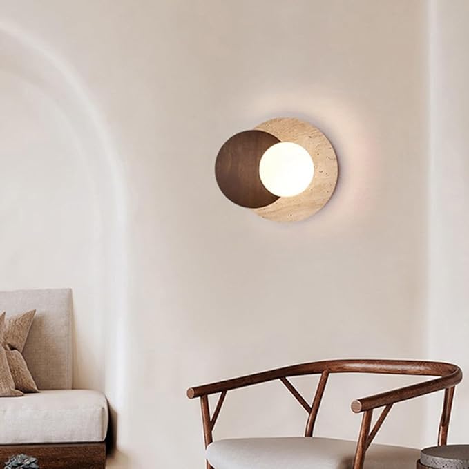 Marble Wall Lamp, Bathroom Vanity Light Fixtures, Wall Mount Lamp, Over Mirror, Stone Wall Sconces, Vintage Wall Light with Wood and Stone Shade, for Porch Workshop Kitchen Living Room