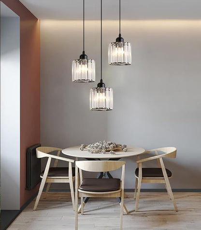 Crystal Pendant Lights Black 3 Light Cluster Ceiling,Modern Hanging Light Fixture for Kitchen Island,Adjustable Round Chandelier for Farmhouse,Dining Room,Foyer,Living Room with LED Bulb
