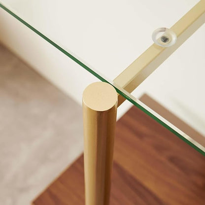 Glass Console Table for Living Room, Foyer & Entrance, 2-Tiers Mid-Century Modern Sofa Table with Clear Glass Top, Walnut Finish Wood Top and Gold Finish Metal Frame