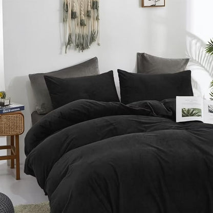 CLOTHKNOW Black Velvet Full Comforter Set, 3Pcs High Material Fluffy Bedding Comforter, Includes 1 Comforter & 2 Pillowcases, Best for Sleeping, Home Decor