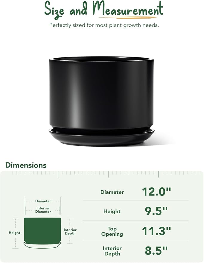 LE TAUCI 12 Inch Pots for Plants, Ceramic Plant Pots with Drainage Holes and Saucers, Elegant and Durable Large Plant Pot, Perfect for Home & Office Decor, Black
