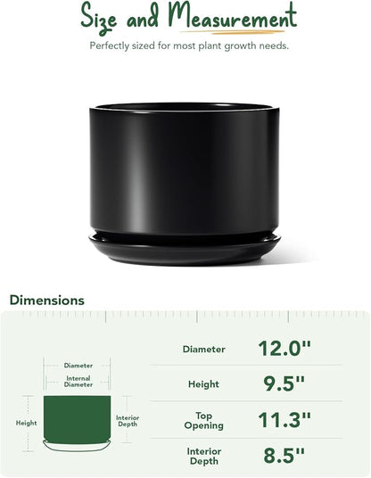 LE TAUCI 12 Inch Pots for Plants, Ceramic Plant Pots with Drainage Holes and Saucers, Elegant and Durable Large Plant Pot, Perfect for Home & Office Decor, Black