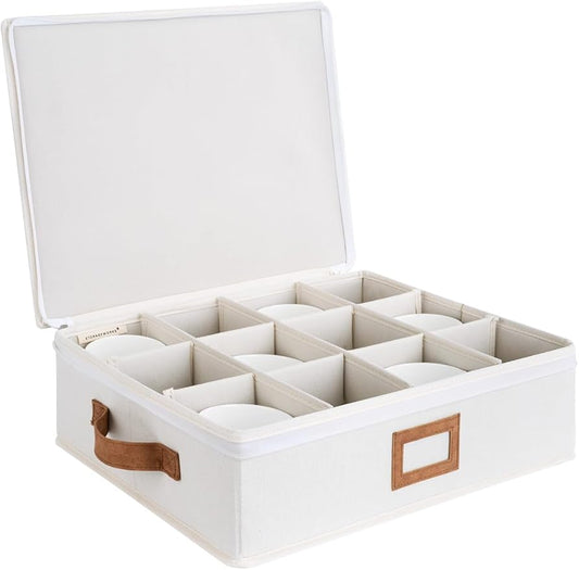 StorageWorks China Storage Container, Stackable Mug Storage Box with Dividers, Stemware Storage Cases, Hard Shell China Cup Organizer, Holds 12 Tea Cups and Coffee Mug, 1 Pack, Beige