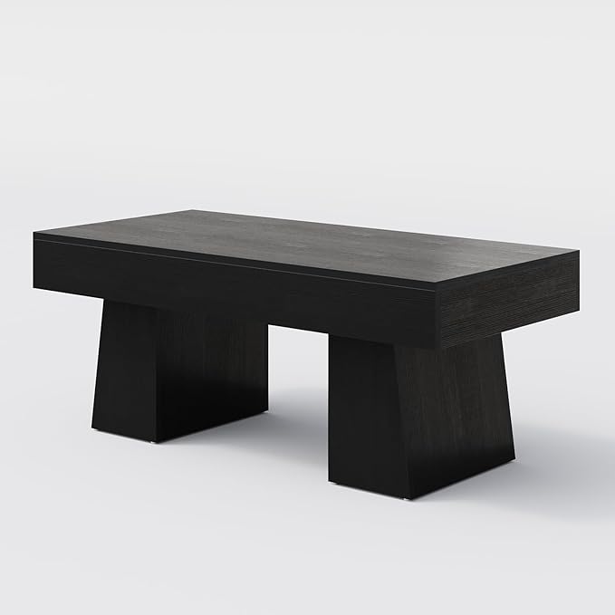 LITTLE TREE Farmhouse Coffee Table, 47 Inches Wooden Rectangular Accent Center Tables with Thick Base, Modern Low Cocktail Tea Furniture for Living Room (Black)