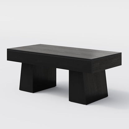 LITTLE TREE Farmhouse Coffee Table, 47 Inches Wooden Rectangular Accent Center Tables with Thick Base, Modern Low Cocktail Tea Furniture for Living Room (Black)