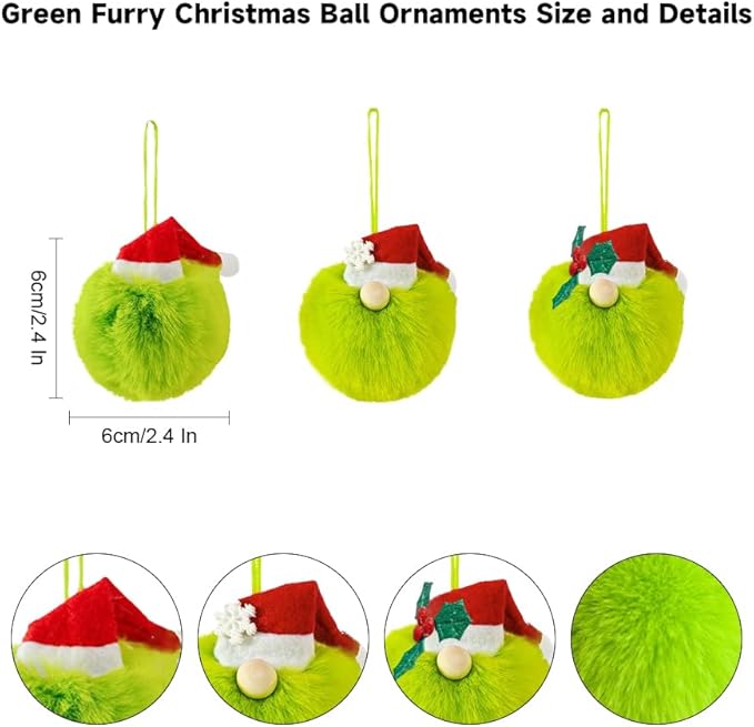 12 Pcs Green Furry Christmas Ball Ornaments,2.4 in Lime Green Plush Ball Hanging Ornaments with Red Santa Hat,Snowman and Leaf,Elf Xmas Hanging Baubles,Soft Faux Fur Pom Pom Ball Decor for Tree