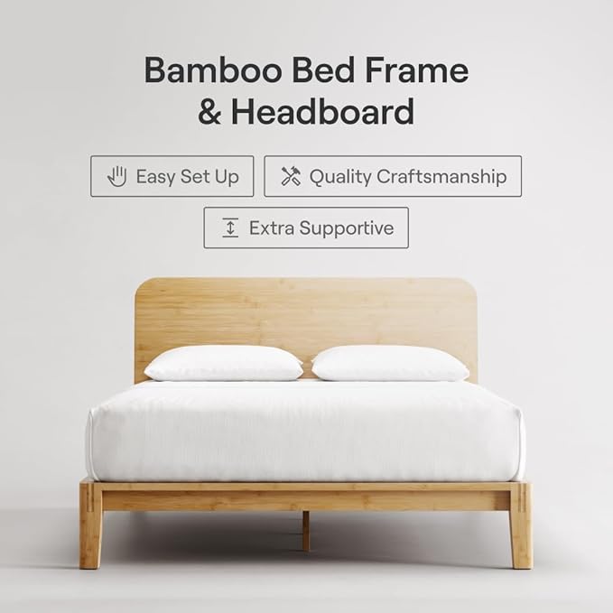 Nectar Bamboo Platform Bed Frame & Headboard - Natural - Twin XL - Floating Center Support Legs - 12” Height - Tool Free Set Up - Contemporary - Sturdy Wooden Support Slats - Holds Up To 800 Pounds