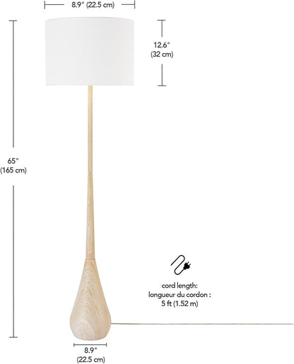 GLOBE Electric 52112 65" Floor Lamp, Faux Wood Finish, White Cotton Shade, Japandi Style, E26 Base, Modern Bedroom and Living Room Lighting