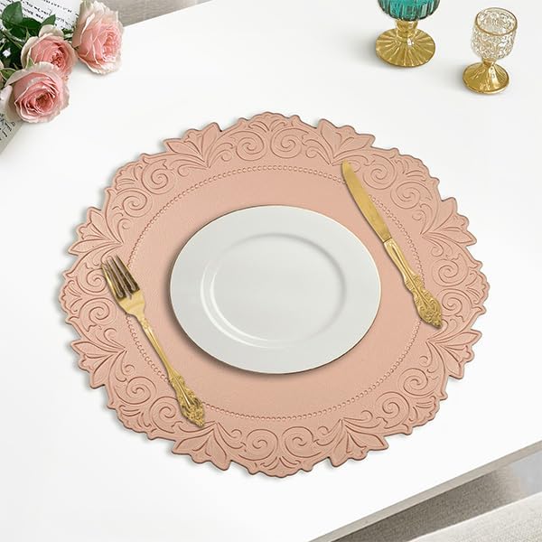 Noctiflorous Round Faux Leather 15 Inch Placemats Set of 4 Waterproof Wipeable Heat Resistant Tablemat for Dining Table Kitchen Non Slip Oilproof Table Place Mat for Indoor Outdoor(Pink, 4)