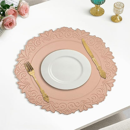 Noctiflorous Round Faux Leather 15 Inch Placemats Set of 4 Waterproof Wipeable Heat Resistant Tablemat for Dining Table Kitchen Non Slip Oilproof Table Place Mat for Indoor Outdoor(Pink, 4)