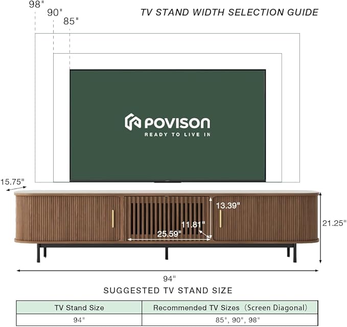 POVISON Sliding Tambour Door TV Stand, Mid Century Modern Sintered Stone TV Console, Wood Media Console for 85 Inch TV, Entertainment Center with Storage Cabinet, Fully-Assembled (Walnut, 94.49")