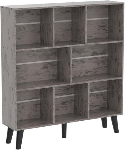 LEYAOYAO 8 Cube Bookshelf,3 Tier Bookcase with Legs,Modern Grey Mid-Century Bookshelves,Large Farmhouse Open Storage Organizer Shelf, Retro Wooden Display Book Case for Bedroom,Living Room,Office