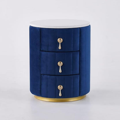 homary Blue Velvet Nightstand with Storage, Round Bedside Table with 3 Drawers, Stone Top Night Table for Bedroom, End Tables for Living Room