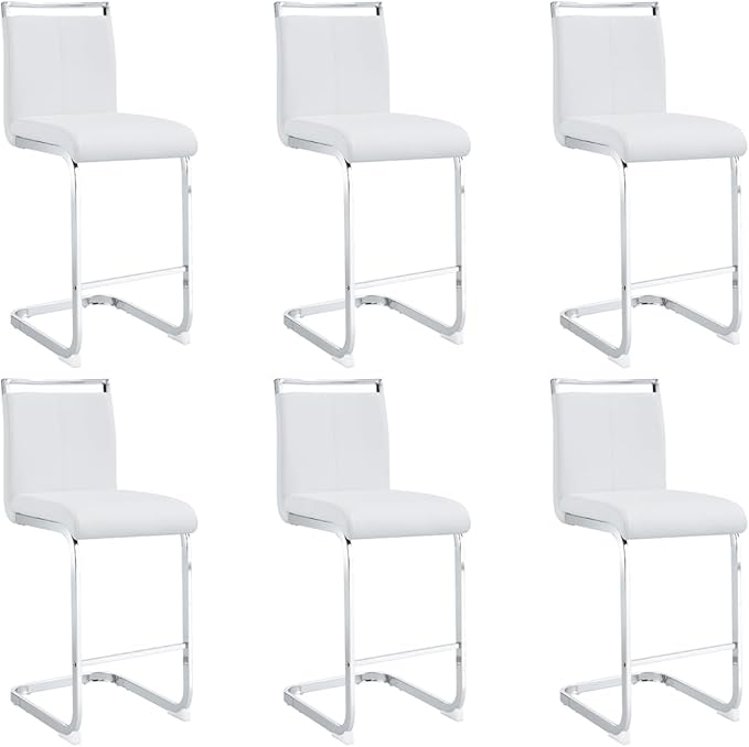 Bar Stools Set of 6,25" Counter Height Bar Stools with Footrest,White Faux Leather Kitchen Stools with Chrome Plated Metal Leg,Counter Height Stools Ideal for Island Pub Kitchen Counter Dining Chair