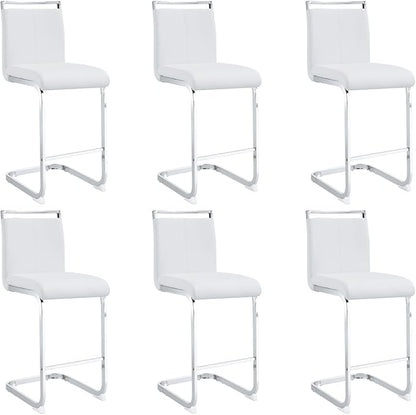 Bar Stools Set of 6,25" Counter Height Bar Stools with Footrest,White Faux Leather Kitchen Stools with Chrome Plated Metal Leg,Counter Height Stools Ideal for Island Pub Kitchen Counter Dining Chair